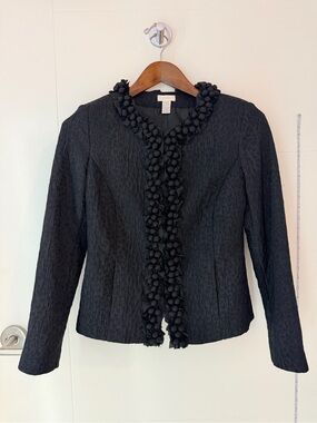 Chico's Classy Black Textured Jacket with Floral Trim